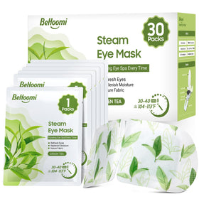 BeHoomi steam eye mask green tea packaging for easy travel and on-the-go relaxation.
