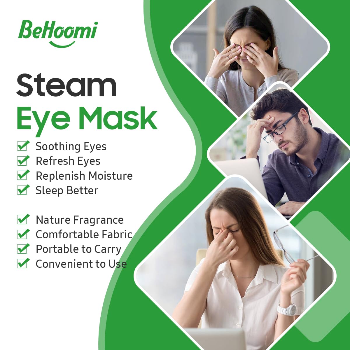 BeHoomi warm compress eye mask resting on face delivers gentle warmth.