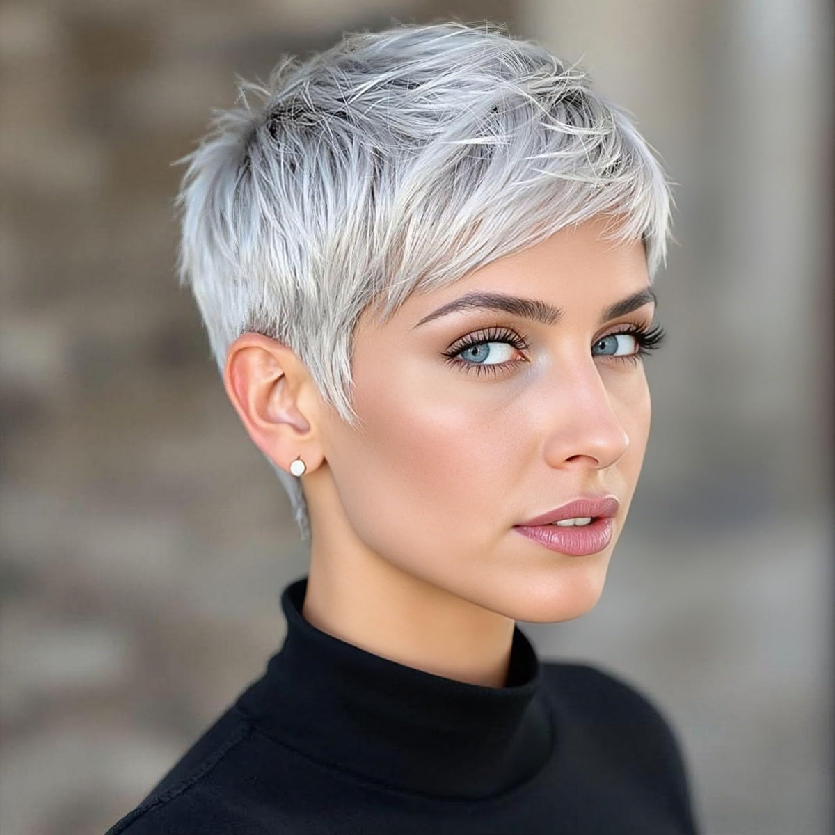 BeiSDWig platinum pixie front view highlights textured layers for natural movement and shine.