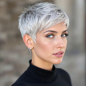 BeiSDWig platinum pixie front view highlights textured layers for natural movement and shine.
