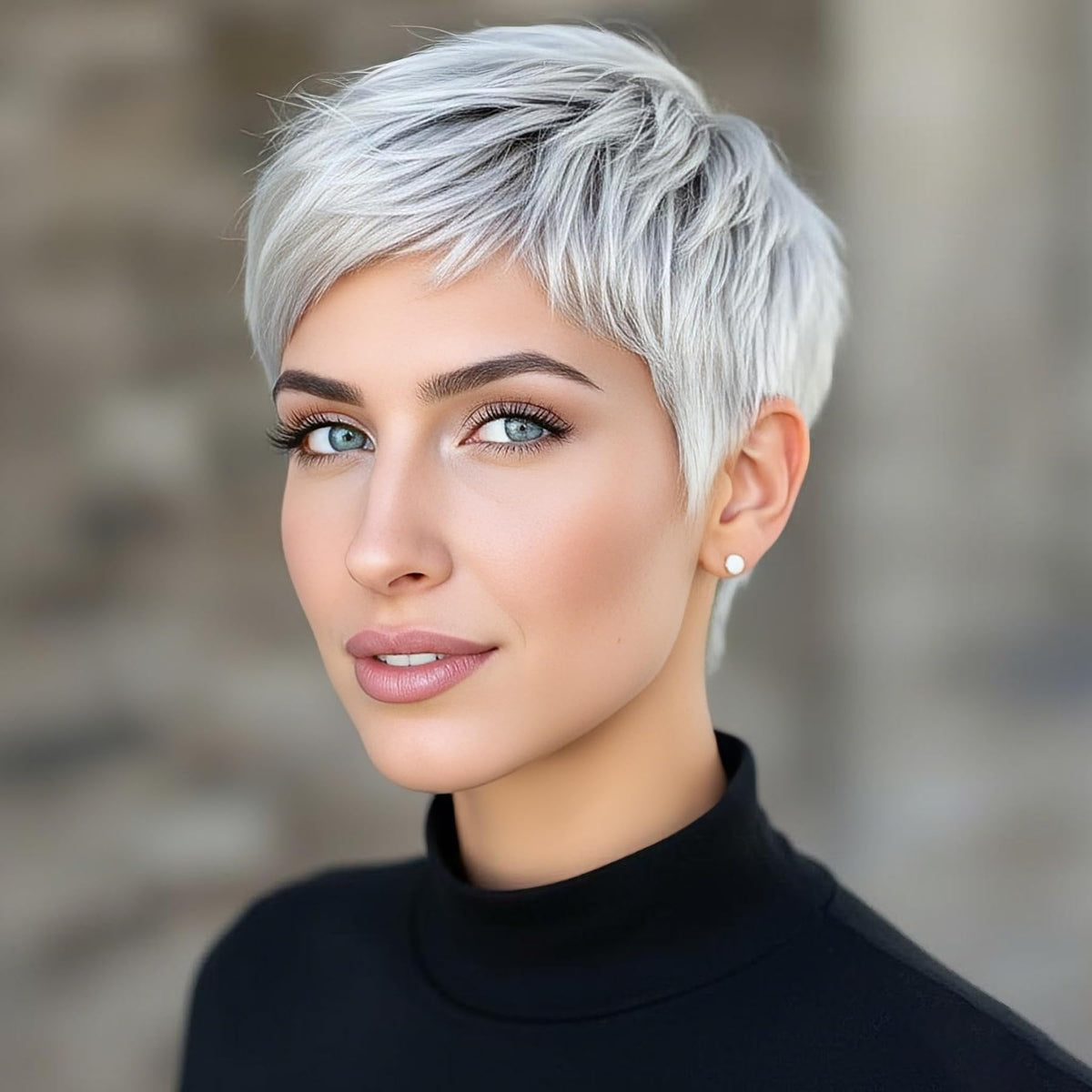 BeiSDWig platinum pixie side profile highlights compact length and feathered styling.