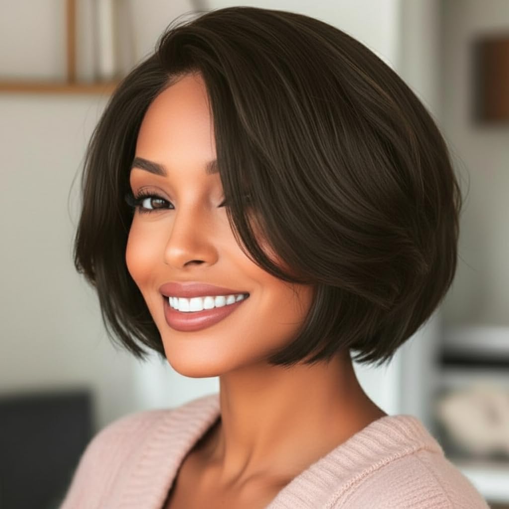 BeiSDWig short bob wig black close-up showing silky synthetic fibers