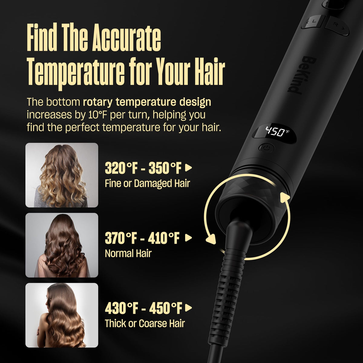 BeKind Waves offers 320-450°F temperatures for versatile hair types.