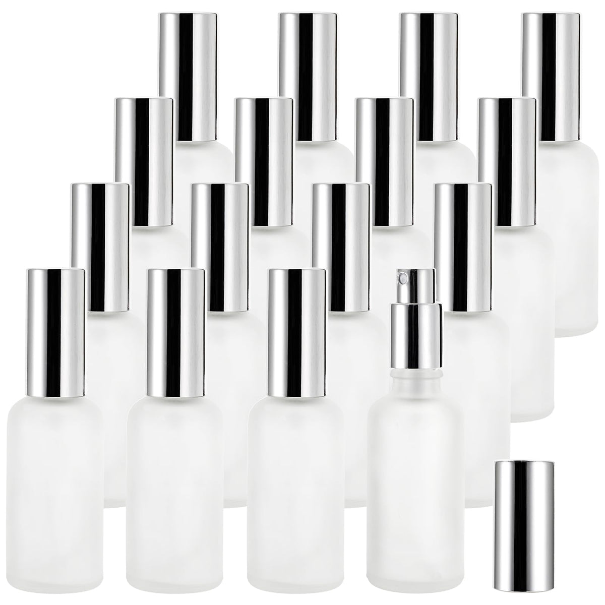 Bekith 16-pack 50ml glass spray bottles with frosted finish for easy identification.