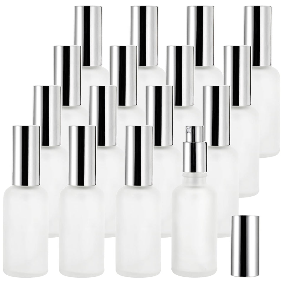 Bekith 16-pack 50ml glass spray bottles with frosted finish for easy identification.