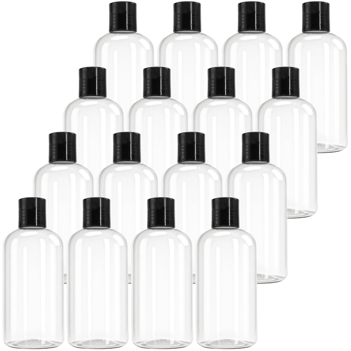 Bekith 16-pack 8oz clear bottles with disc-top caps, easy dispensing