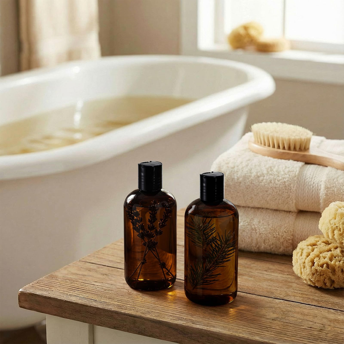 Bekith amber 8oz bottle in bathroom storage for travel samples.