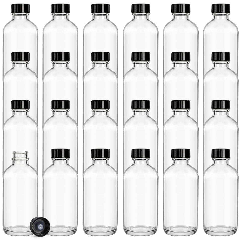 Bekith 4 oz clear glass Boston bottle with black cone cap for essential oils.