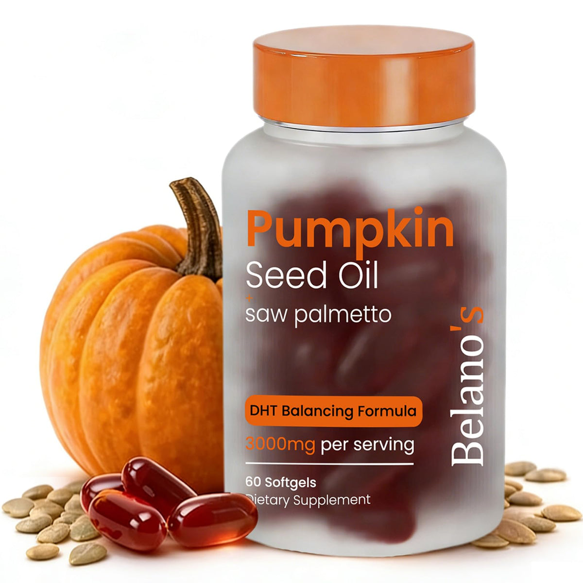 Belano's pumpkin seed oil softgels bottle front for balanced hair nourishment