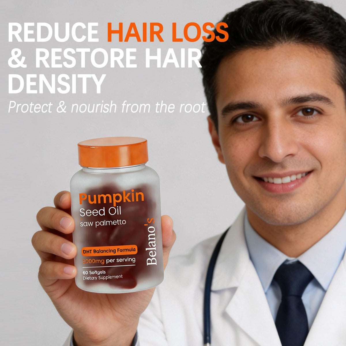 Belano's pumpkin seed oil softgels ingredients closeup with palmetto for hair health support