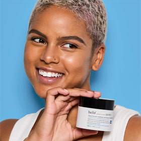 belif Aqua Bomb Cleansing Balm balm-to-cream-to-oil transition shown on skin for a soft cleanse.