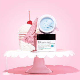 belif Aqua Bomb Cleansing Balm bottle label closeup showing premium packaging and travel-friendly design.