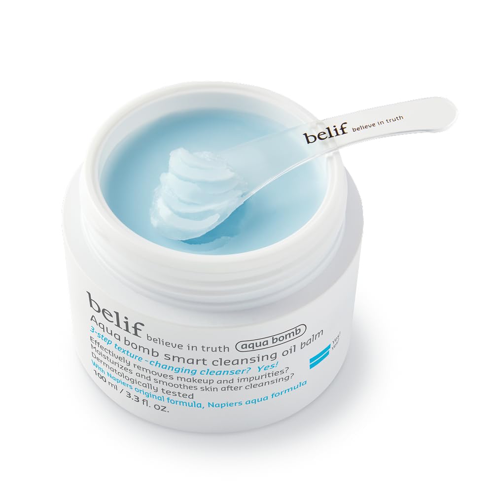 belif Aqua Bomb Cleansing Balm jar closeup showing sherbet texture for gentle makeup removal.