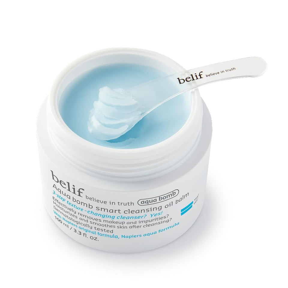 belif Aqua Bomb Cleansing Balm jar closeup showing sherbet texture for gentle makeup removal.