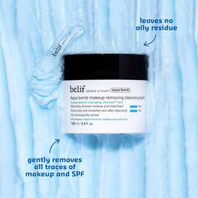 belif Aqua Bomb Cleansing Balm makeup removal in one-step routine demonstrating mess-free use.