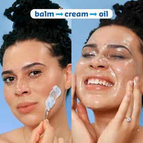 belif Aqua Bomb Cleansing Balm sherbet texture swirl highlights cleansing action and hydration.