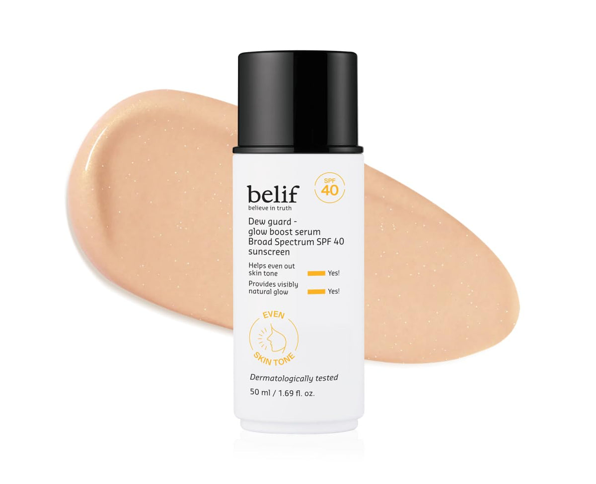 belif Dew Guard Glow Tint bottle highlighting lightweight hydration and SPF 40 protection.