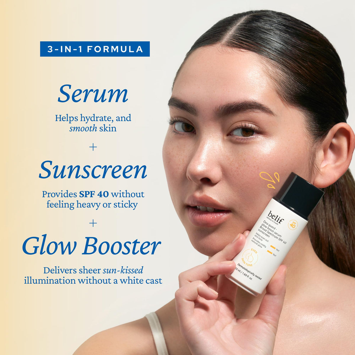 belif Dew Guard Glow Tint close-up shows Niacinamide and Vitamin C benefits.