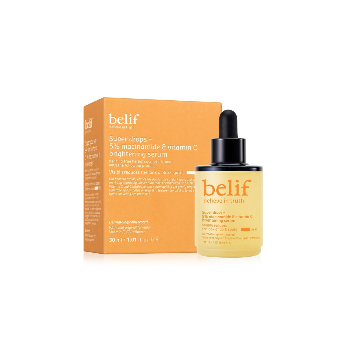 belif Niacinamide 5% & Vitamin C Serum bottle with dropper for radiant skin.