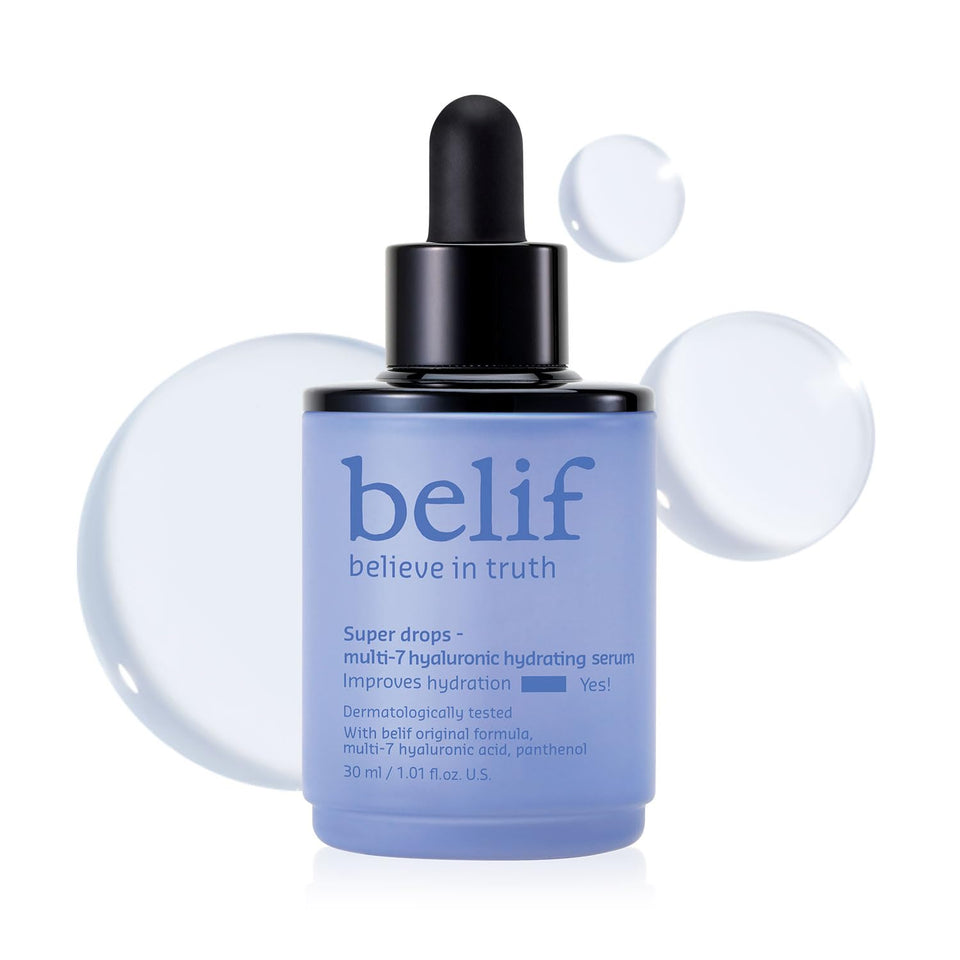 belif Super Drops Multi-7 Hyaluronic Serum bottle for all-day hydration