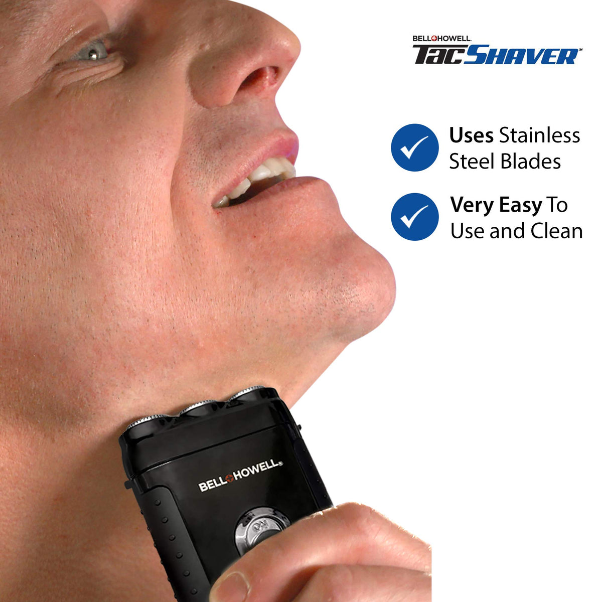 Bell+Howell Tac Shaver works wet or dry for flexible grooming.