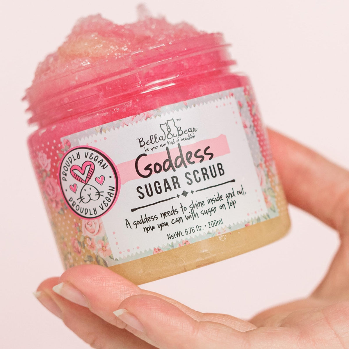 Bella and Bear Goddess Sugar Scrub bottle pours a creamy, hydrating lather.