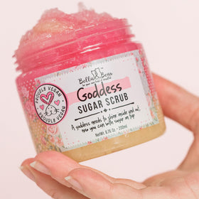 Bella and Bear Goddess Sugar Scrub bottle pours a creamy, hydrating lather.