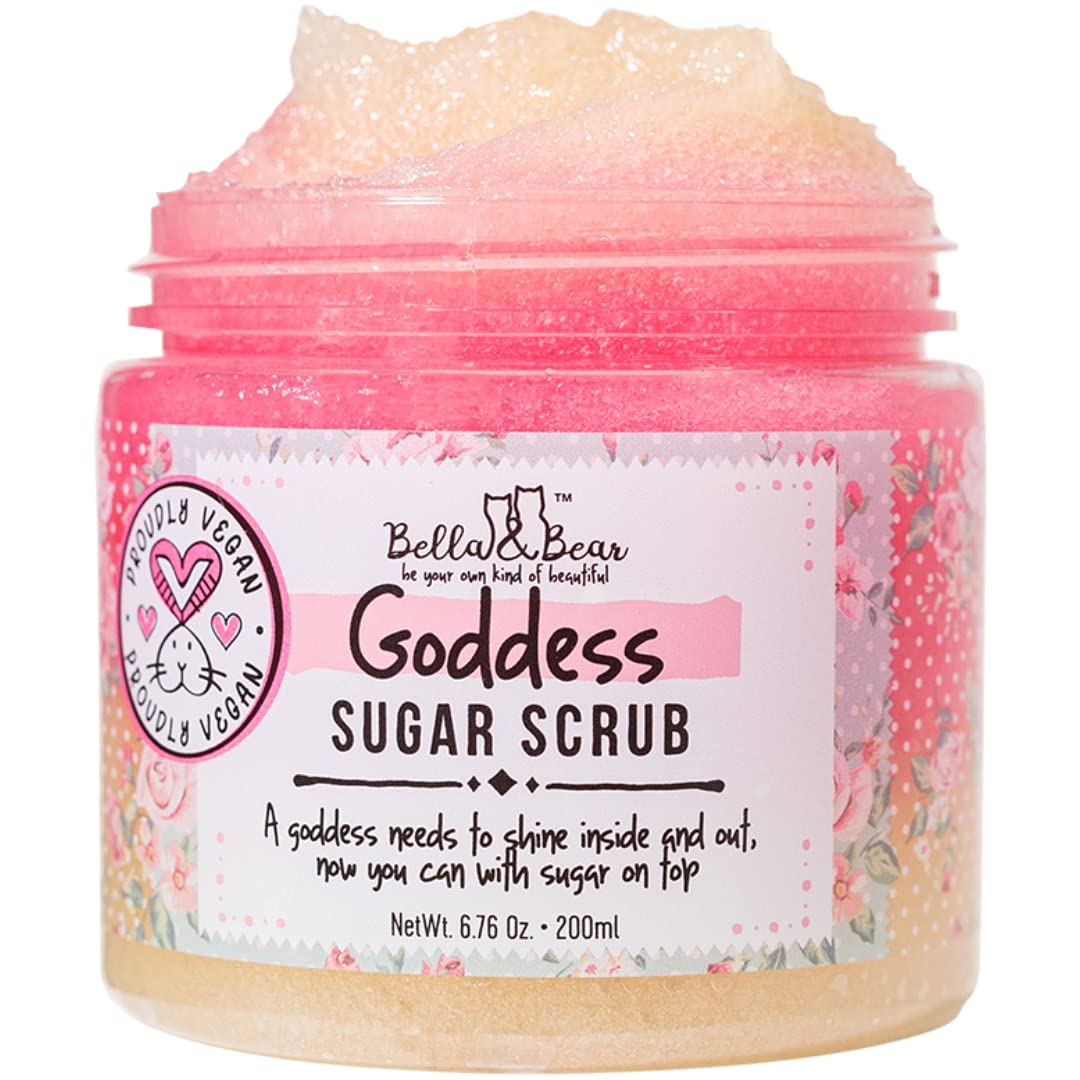 Bella and Bear Goddess Sugar Scrub jar for a luxurious exfoliation ritual.