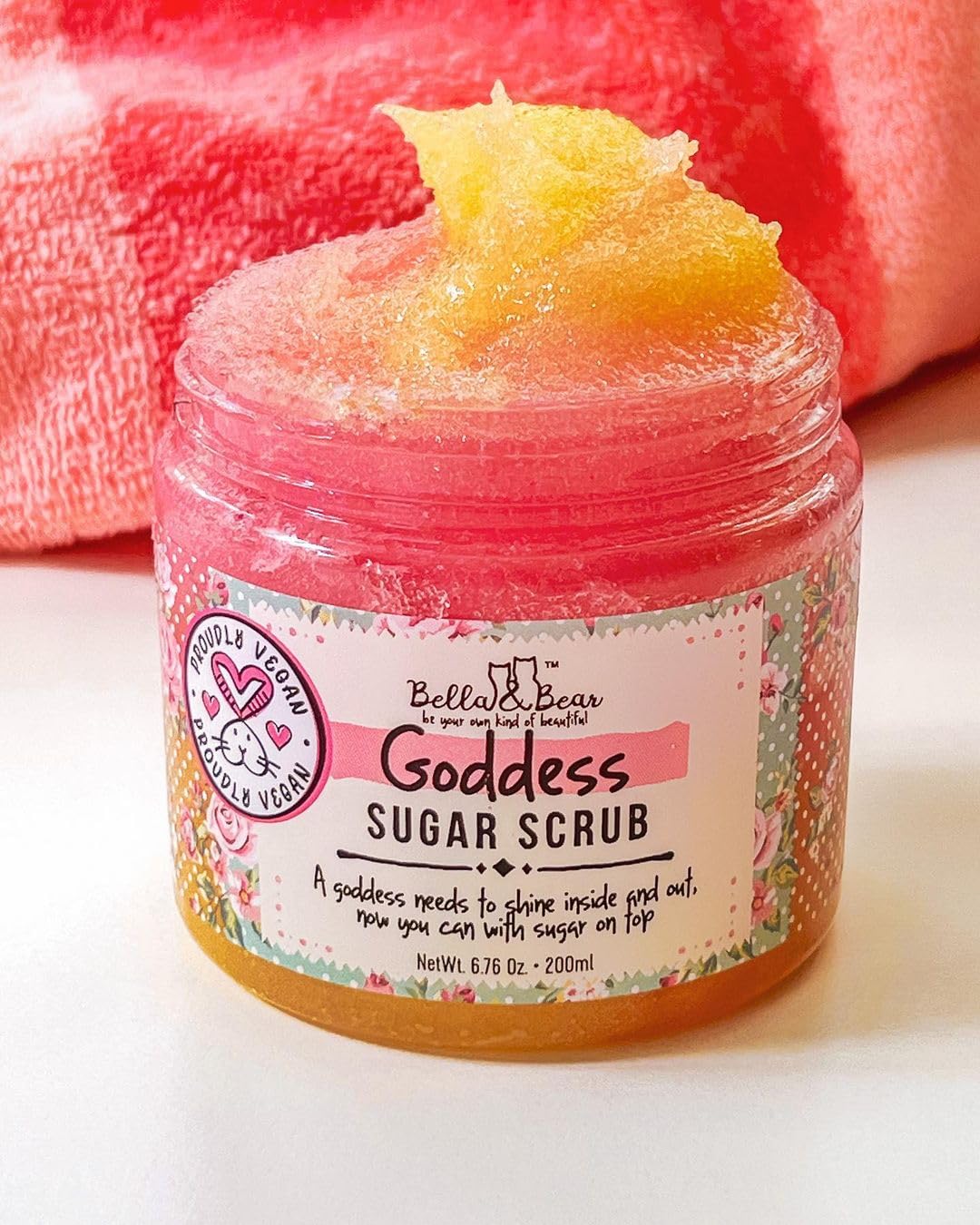 Spa scene with Bella and Bear Goddess Sugar Scrub for a relaxing routine.