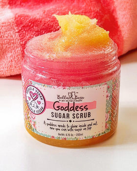 Spa scene with Bella and Bear Goddess Sugar Scrub for a relaxing routine.