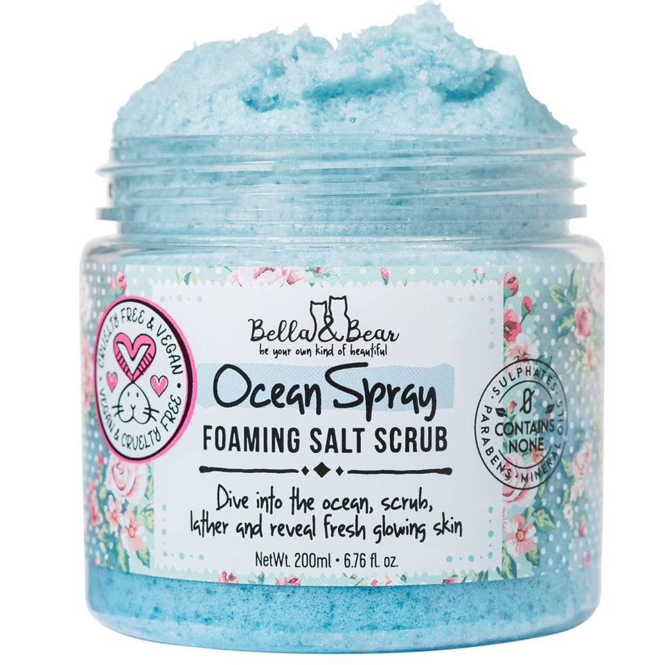 Bella & Bear Ocean Spray Scrub bottle with refreshing ocean scent for your morning routine.