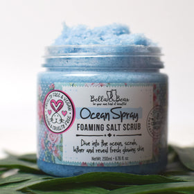 Close-up of Ocean Spray Scrub label, highlighting cruelty-free badge and clean ingredients.