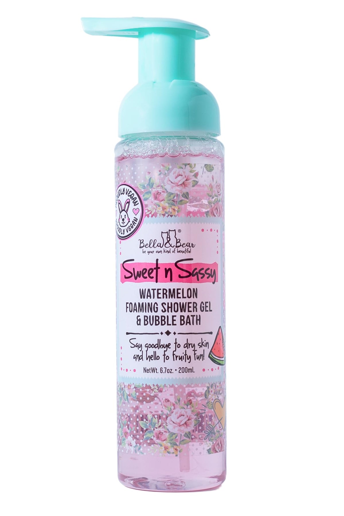 Bella and Bear Sweet n Sassy Watermelon bottle pour creates fluffy bubbles for a fruity bath.