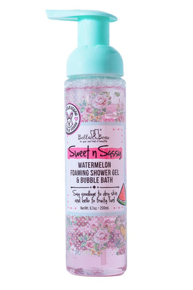Bella and Bear Sweet n Sassy Watermelon bottle pour creates fluffy bubbles for a fruity bath.