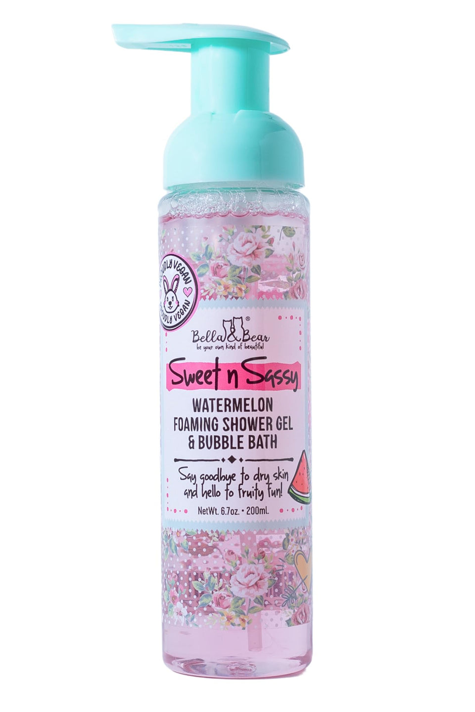 Bella and Bear Sweet n Sassy Watermelon bottle pour creates fluffy bubbles for a fruity bath.