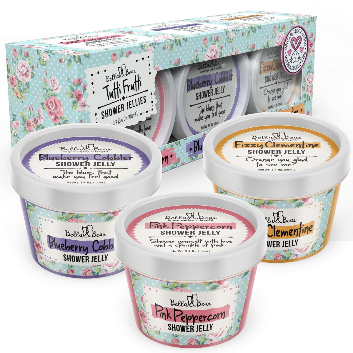Bella and Bear Tutti Frutti Shower Jellies packaging close-up for eco-friendly gift set.