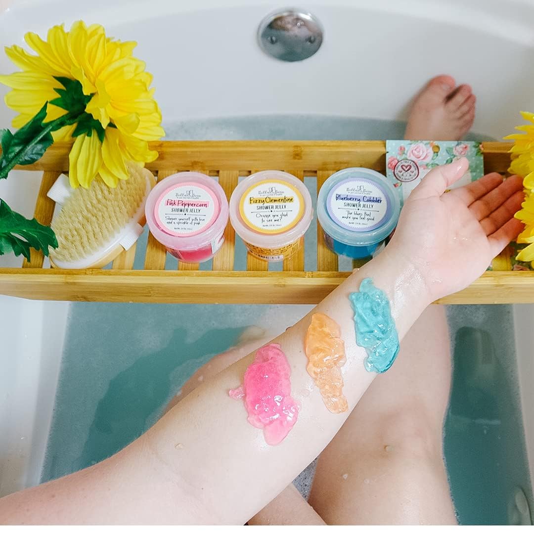 Bella and Bear Tutti Frutti Shower Jellies trio front view, colorful bath treats for teens.