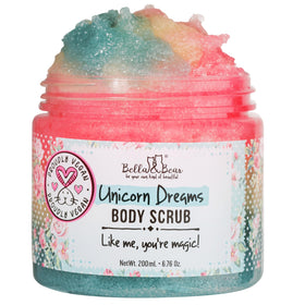 Bella & Bear Unicorn Dream Body Scrub jar ready for a spa-like exfoliation.