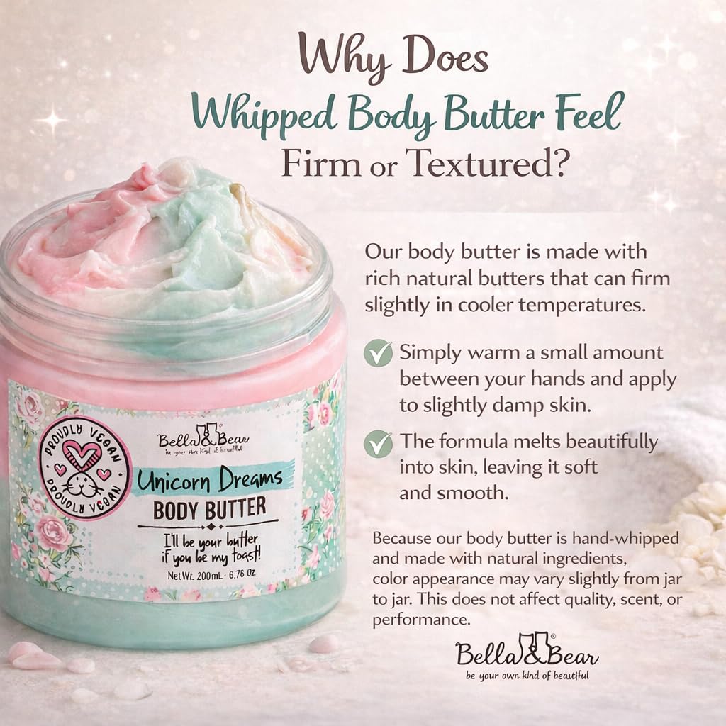 Bella and Bear Unicorn Dreams Body Butter on dry skin delivers intense moisture