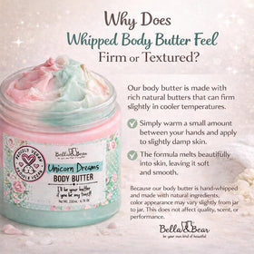 Bella and Bear Unicorn Dreams Body Butter on dry skin delivers intense moisture