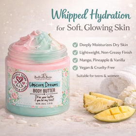 Bella and Bear Unicorn Dreams Body Butter on hands demonstrates quick absorption
