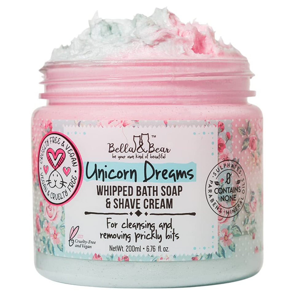 Bella & Bear Unicorn Dreams Whipped Bath Soap bottle close-up showing creamy cleansing