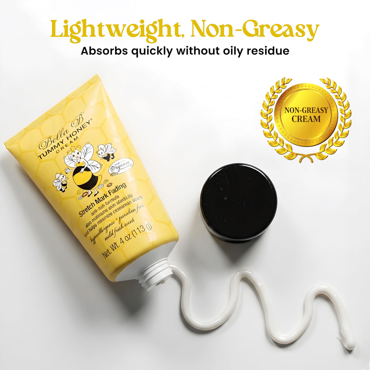 Cream swirl texture highlighting cocoa and shea butter in Bella B Tummy Honey Cream