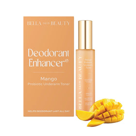 Bella Skin Beauty Mango toner bottle pour for pre-deo prep that helps deodorant last longer.