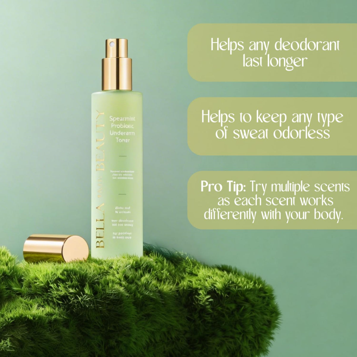 Bella Skin Beauty Underarm Toner Wipe demonstrating spray, wipe, apply routine for pre-deodorant prep