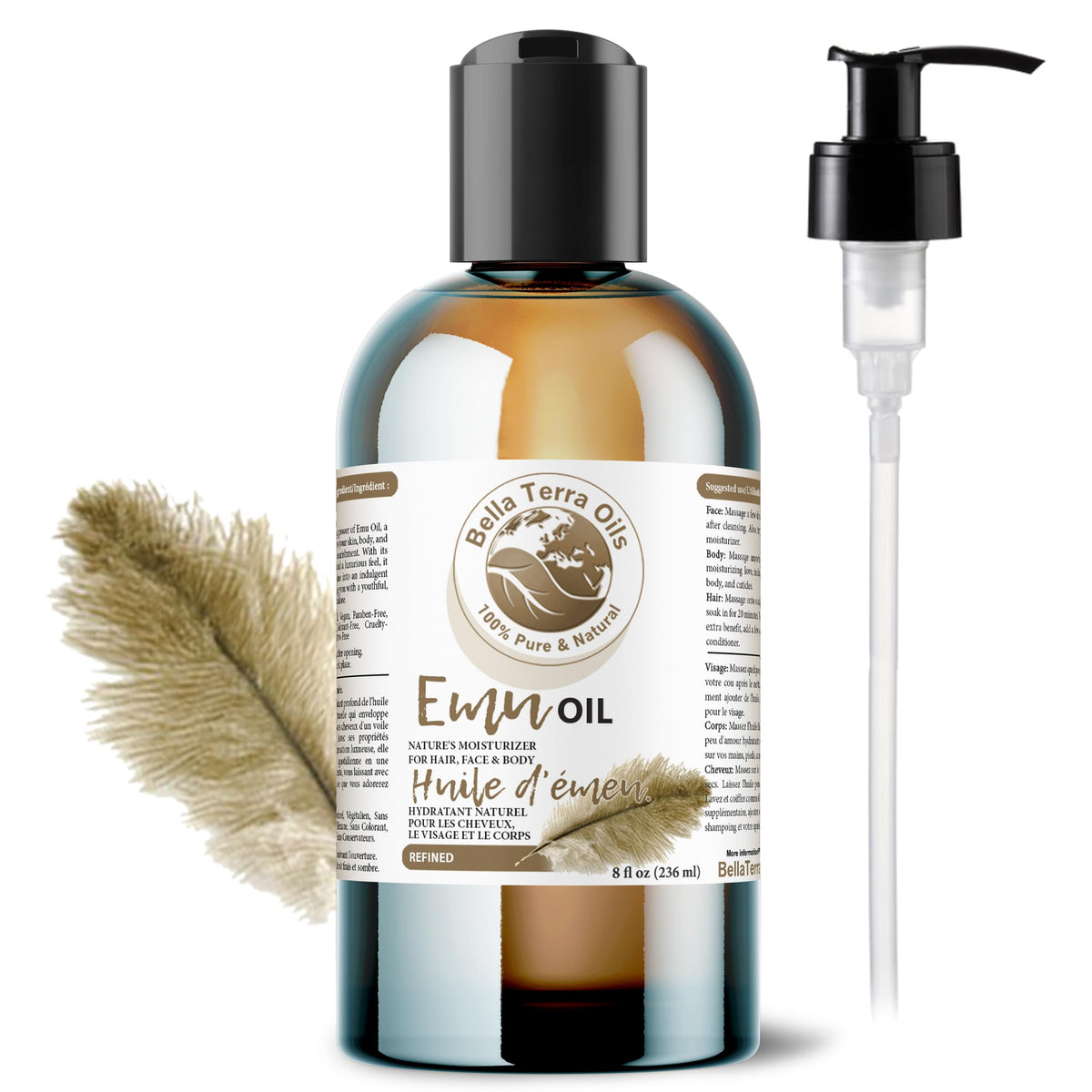 Bella Terra Emu Oil 8oz bottle demonstrating pure skin nourishment