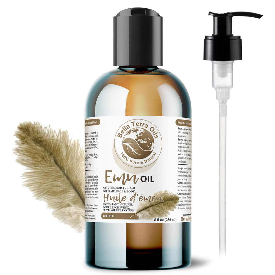 Bella Terra Emu Oil 8oz bottle demonstrating pure skin nourishment