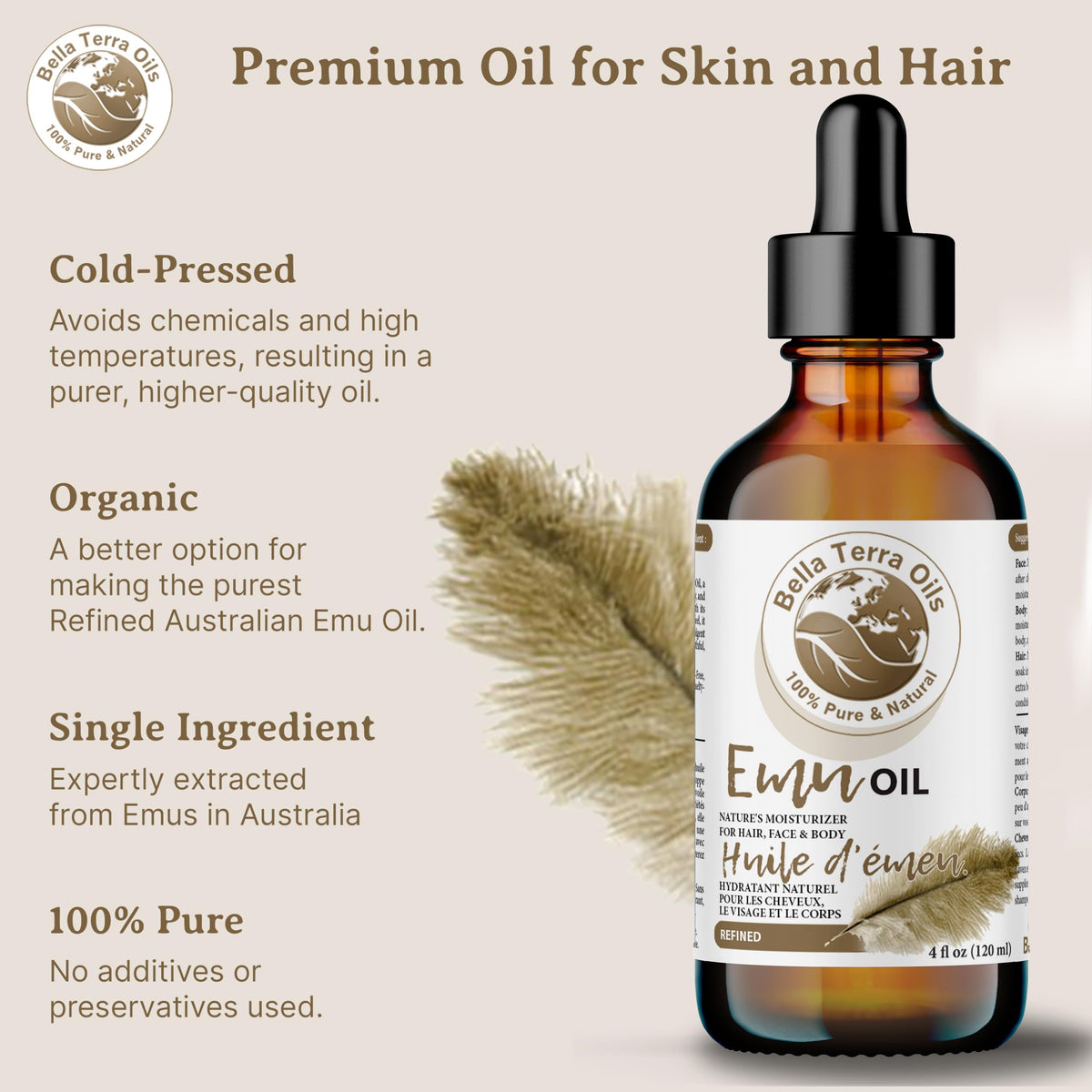 Bella Terra Emu Oil branding on bottle with veteran-owned trust