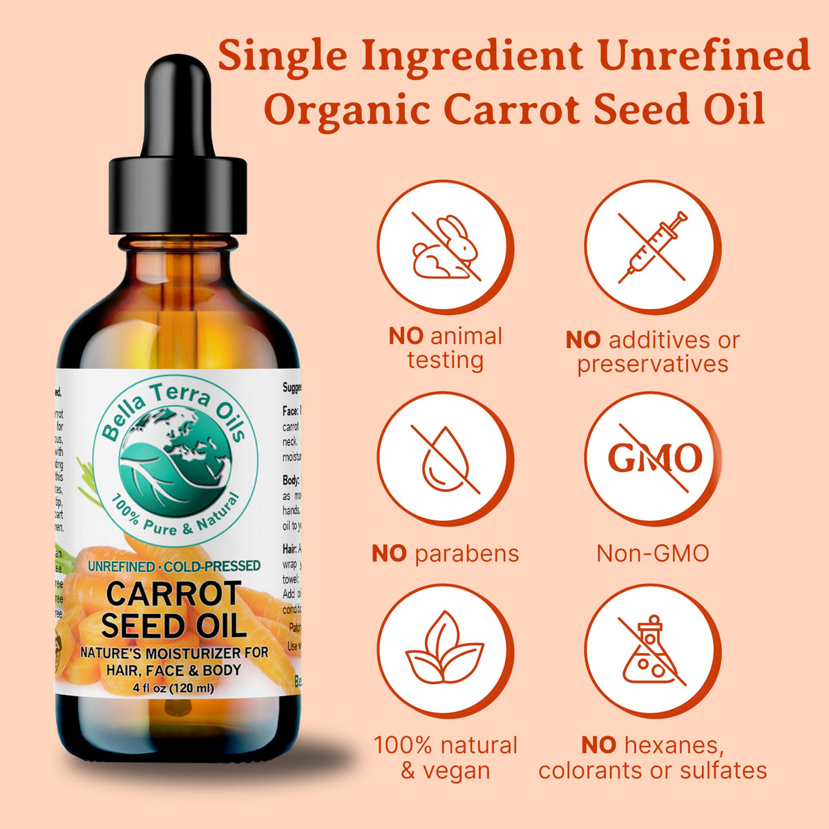 Bella Terra Oils carrot seed oil bottle beside skincare routine setup provides natural shine.