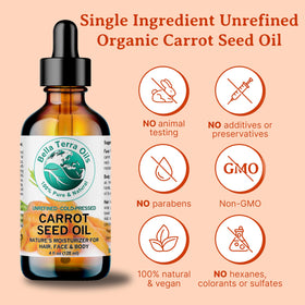 Bella Terra Oils carrot seed oil bottle beside skincare routine setup provides natural shine.